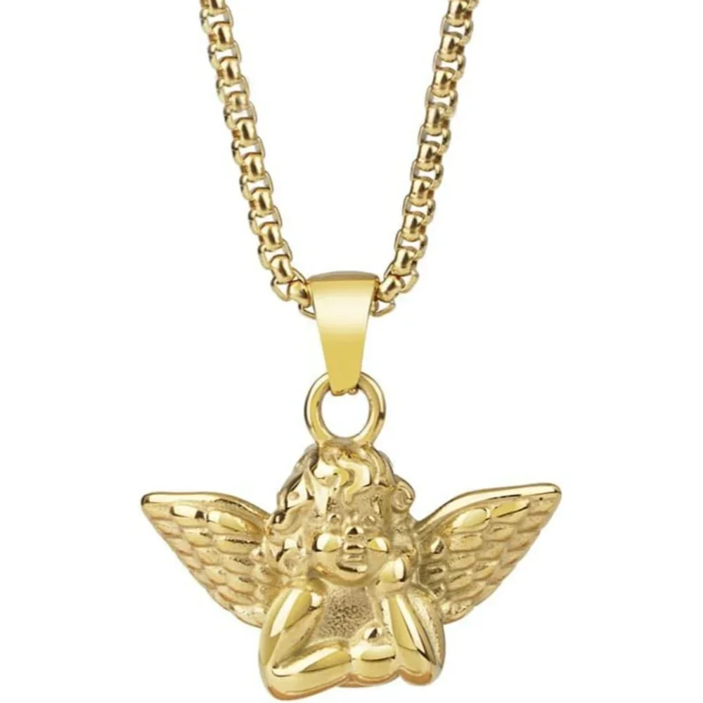 Stainless Steel 18K Gold Elegant Guardian Angel Charm Praying Pendant Necklace J